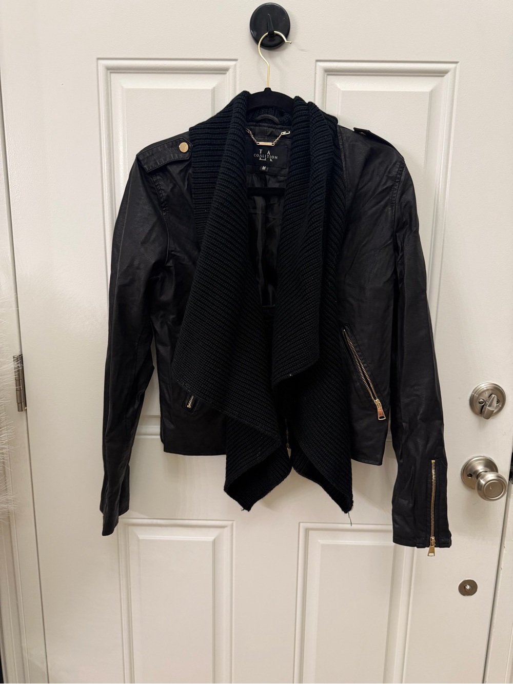 Coalition LA Black faux Leather Jacket with Knit Scarf Size Medium
